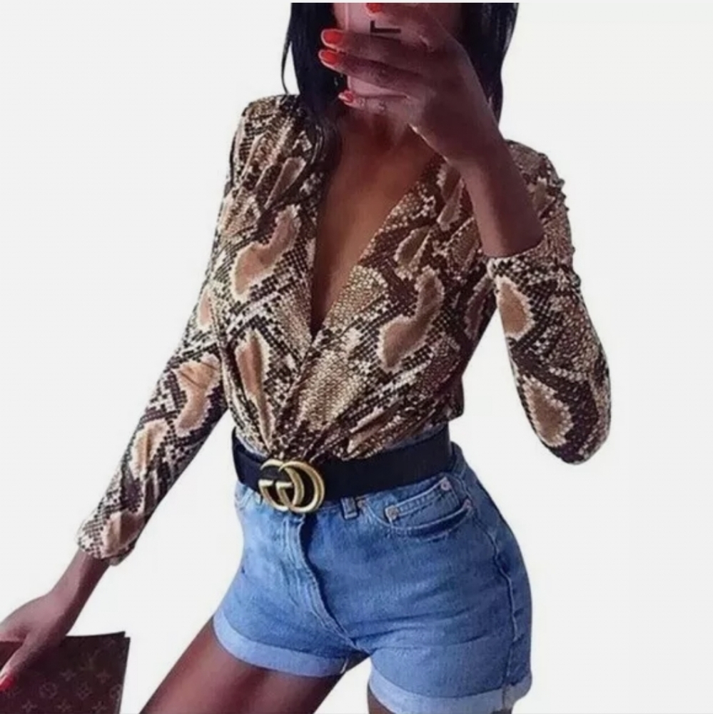 NWOT-Zara Rare Snake Print Wrap V Neck Bodysuit-Large